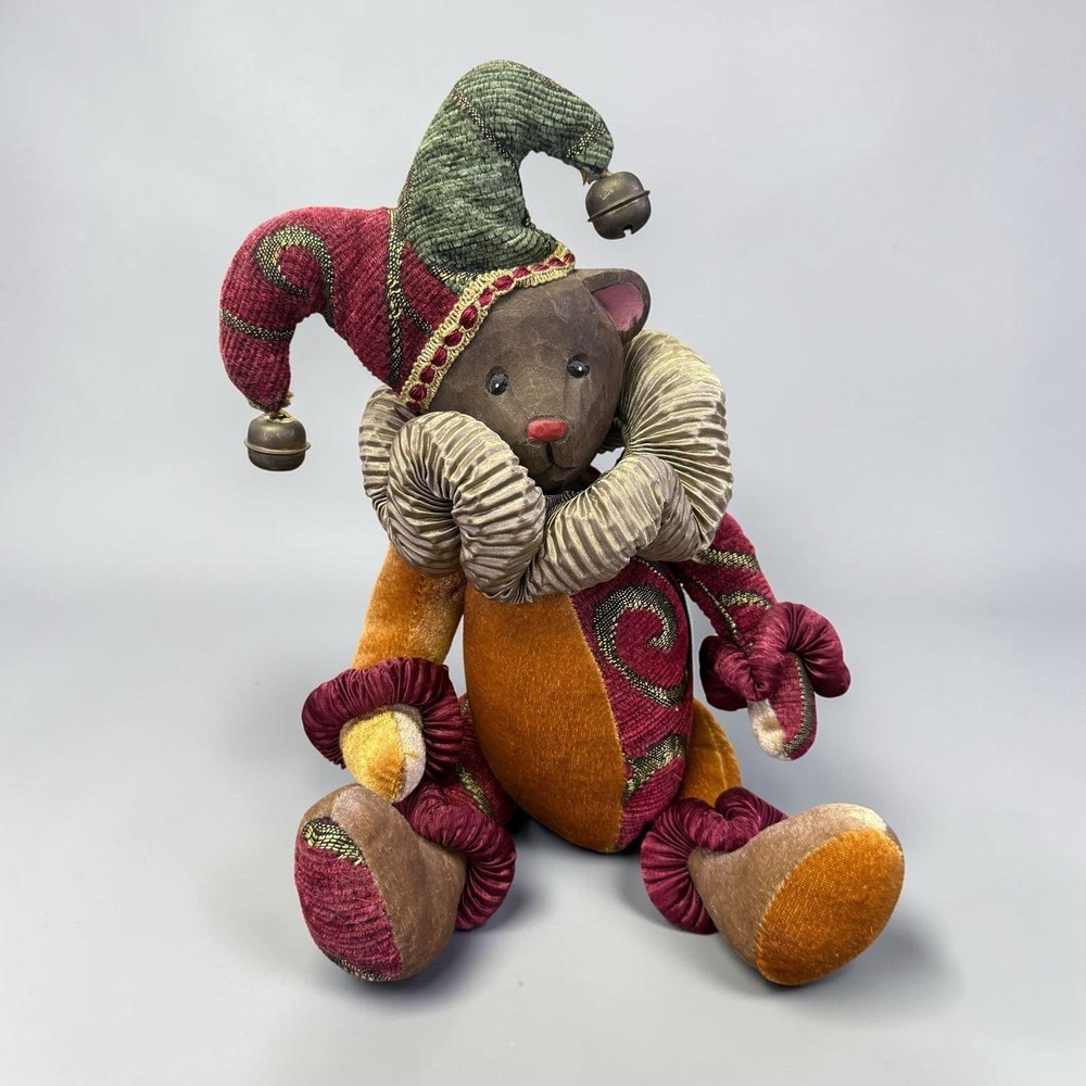 VINTAGE DAN DEE CHRISTMAS JESTER BEAR WOOD FACE 15" COLLECTIBLE JINGLE BELL